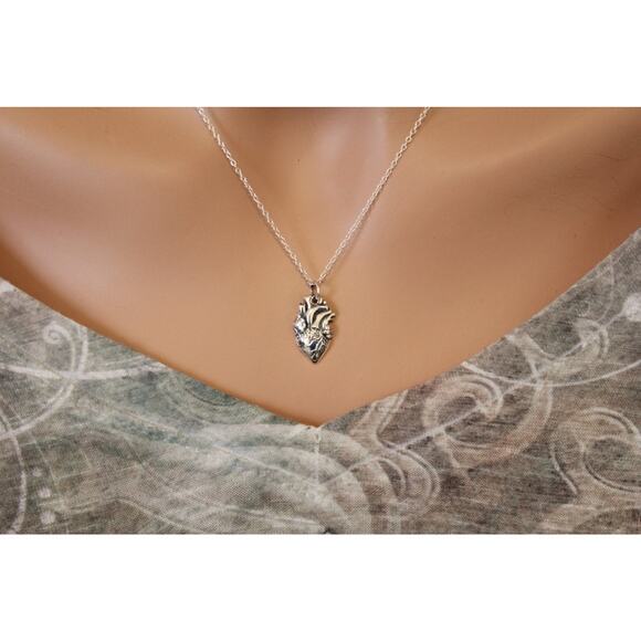 Sterling Silver Anatomical Heart Charm Necklace, Realistic Heart Charm Necklace - Picture 1 of 3